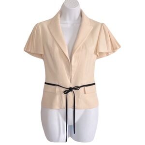 Valentino Ivory Stretch Wool Crepe Pleated Short Flutter Sleeve Blazer, Size 6